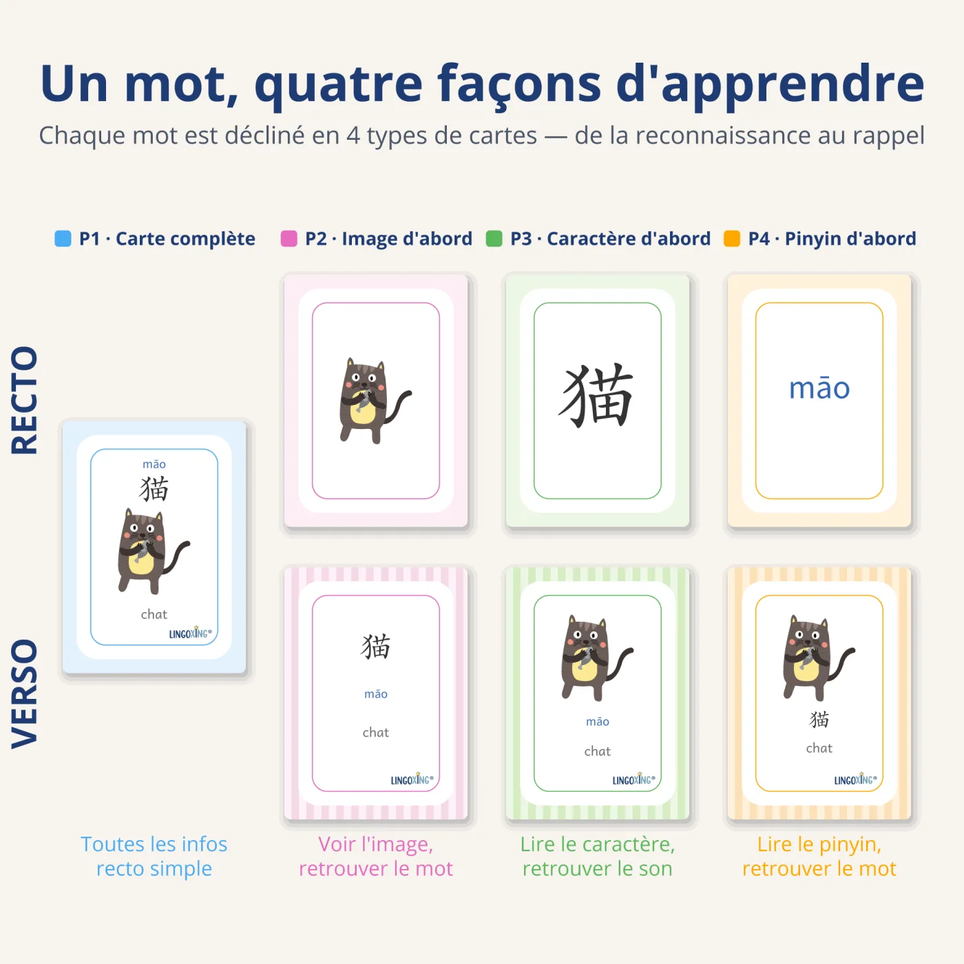Le système LINGOXING à 4 types de cartes : complète, image, caractères, pinyin