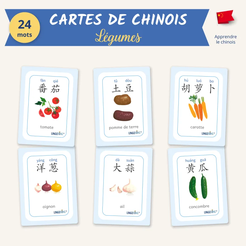 Cartes des légumes en chinois, 24 mots en 4 types de cartes - LINGOXING
