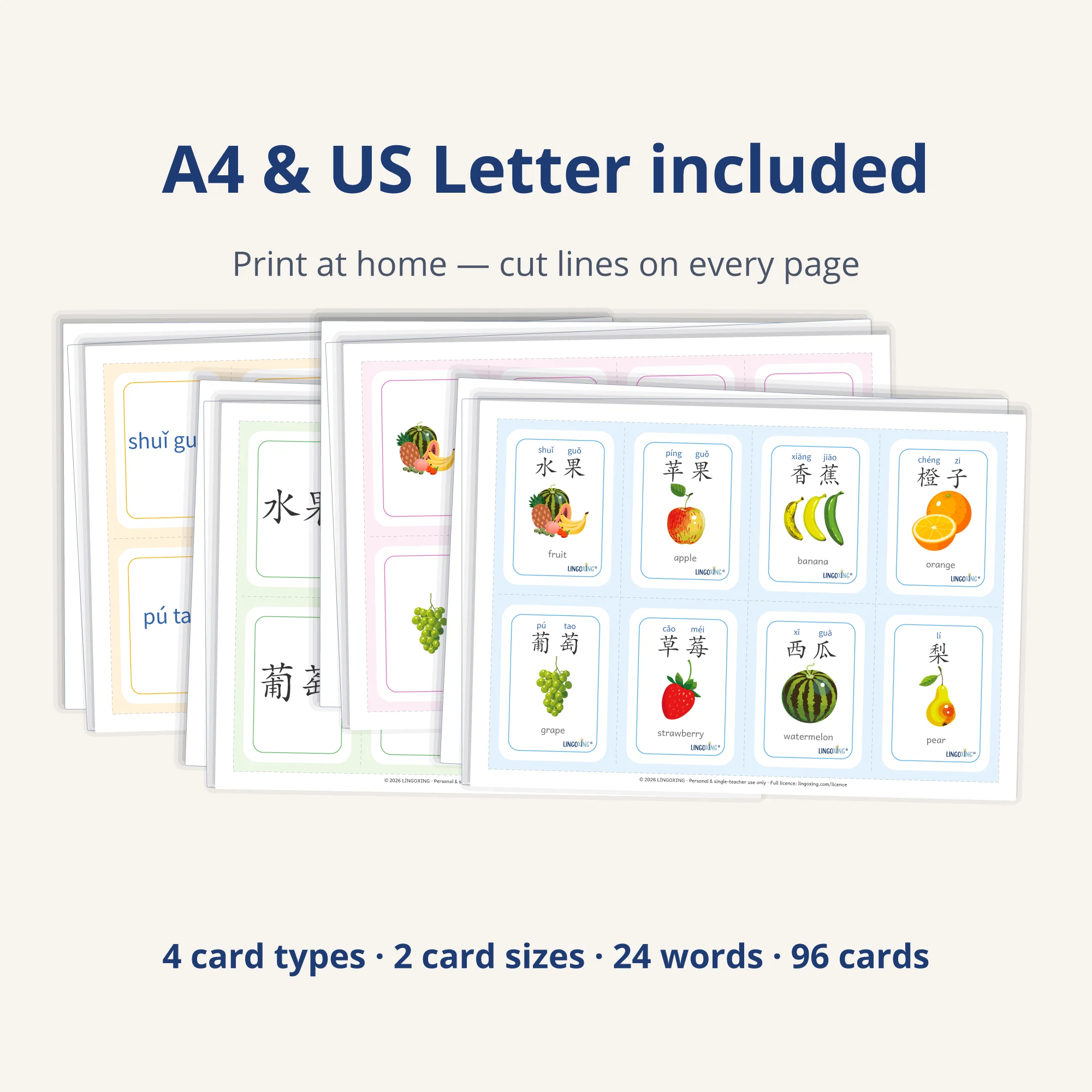 Chinese Fruit Flashcards — 24 Words (PDF) — printable pages