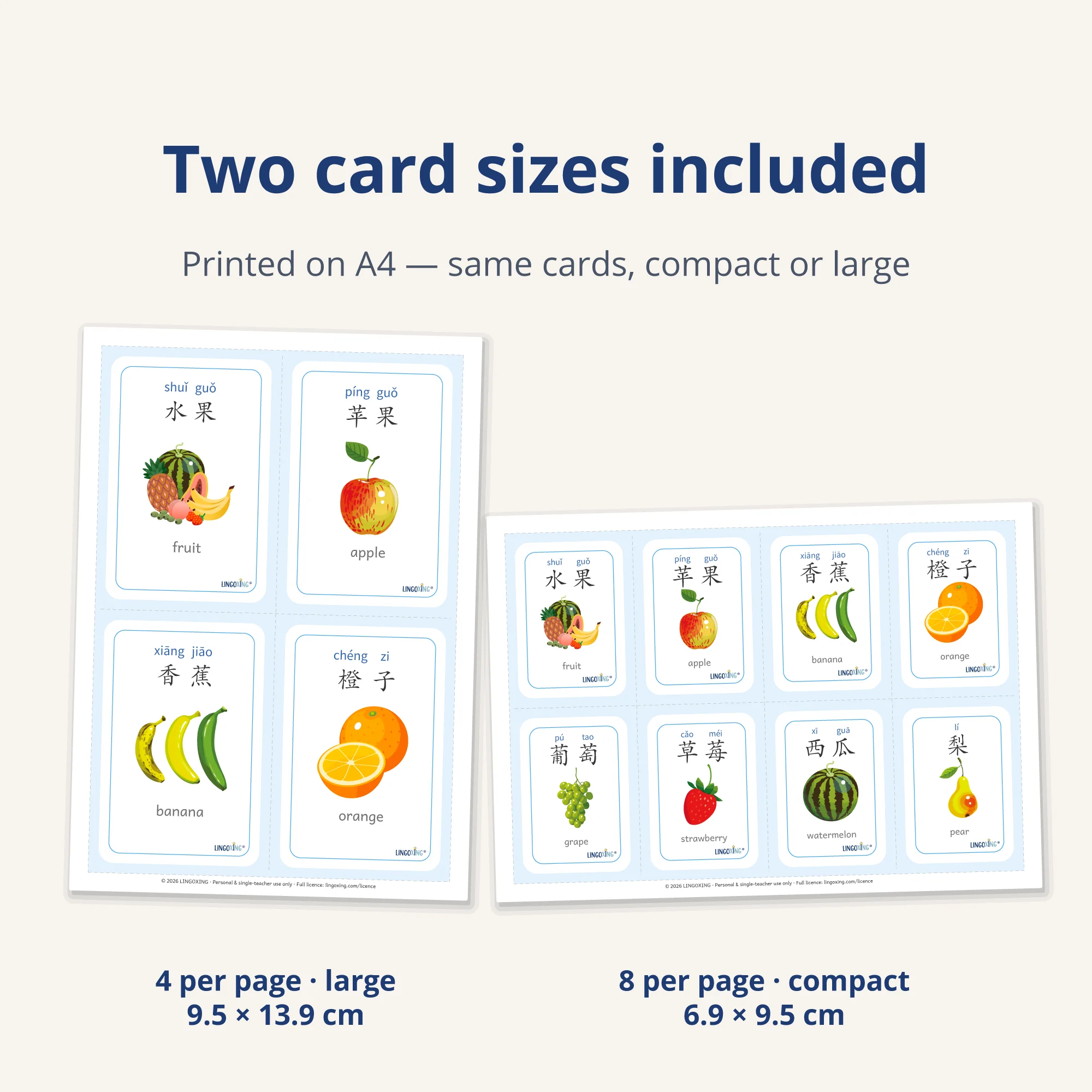 Chinese Fruit Flashcards — 24 Words (PDF) — two sizes · A4