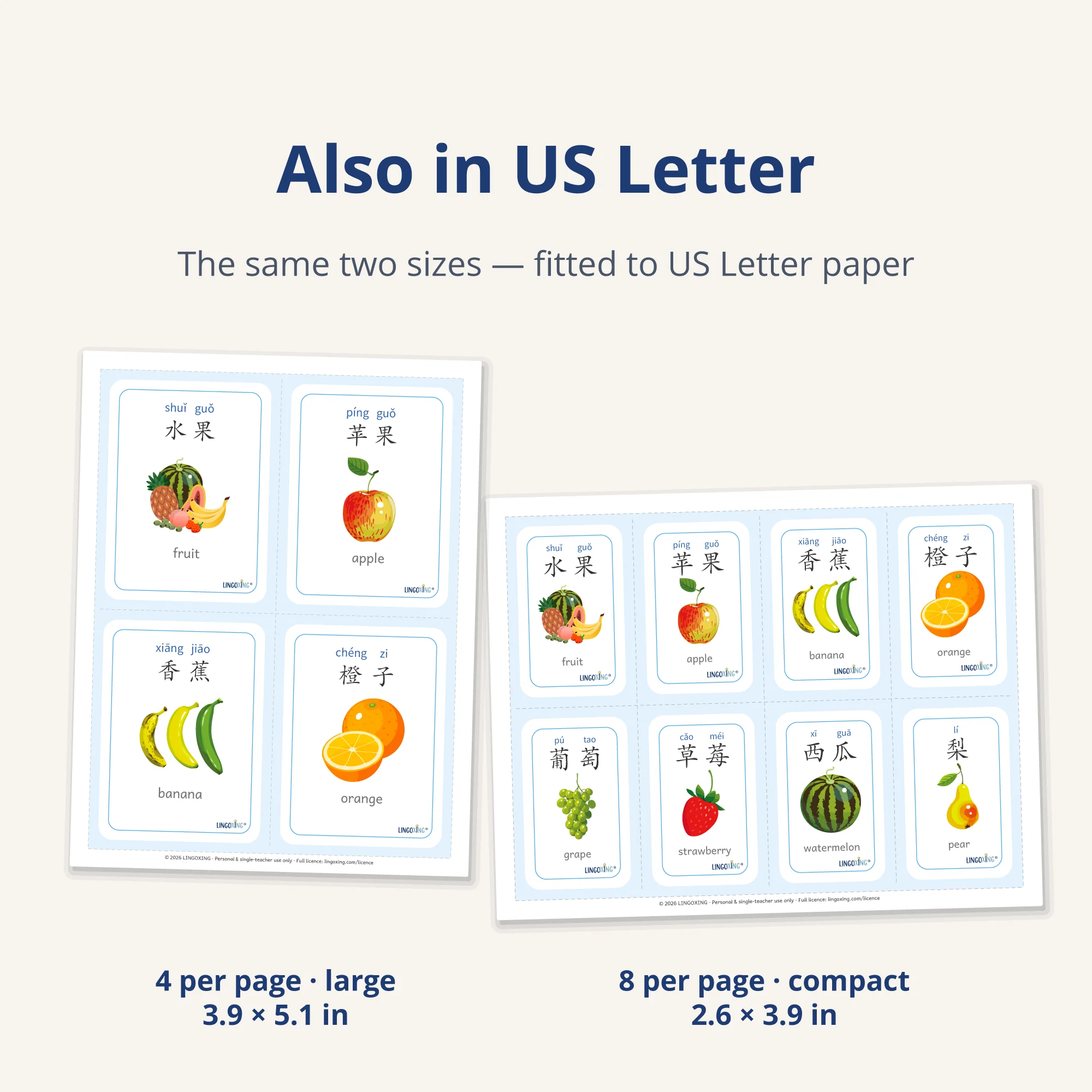 Chinese Fruit Flashcards — 24 Words (PDF) — two sizes · US Letter