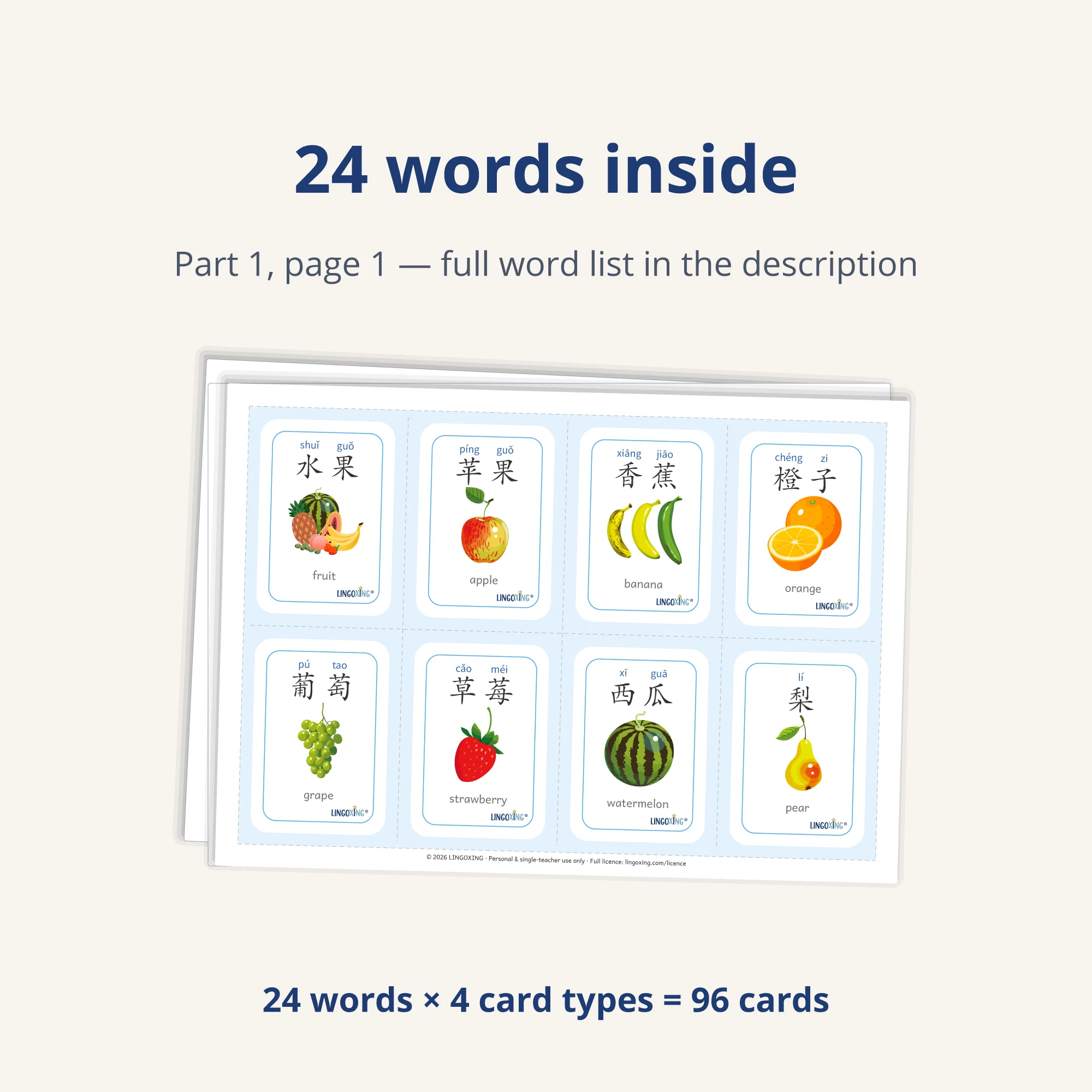 Chinese Fruit Flashcards — 24 Words (PDF) — word list