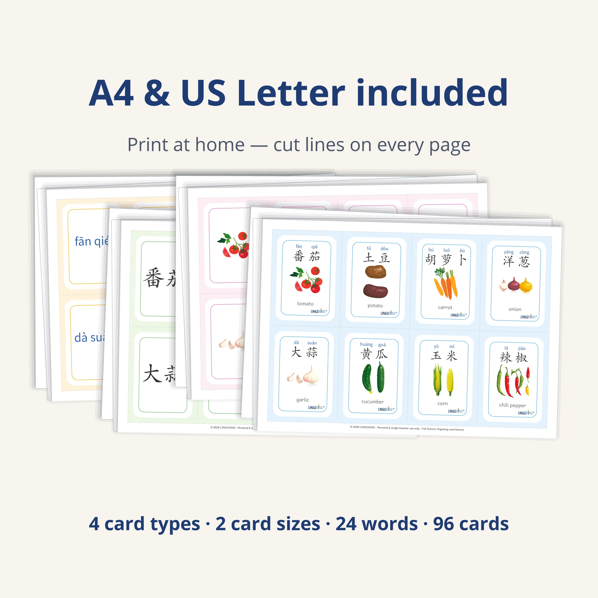 Chinese Vegetable Flashcards — 24 Words (PDF) — printable pages