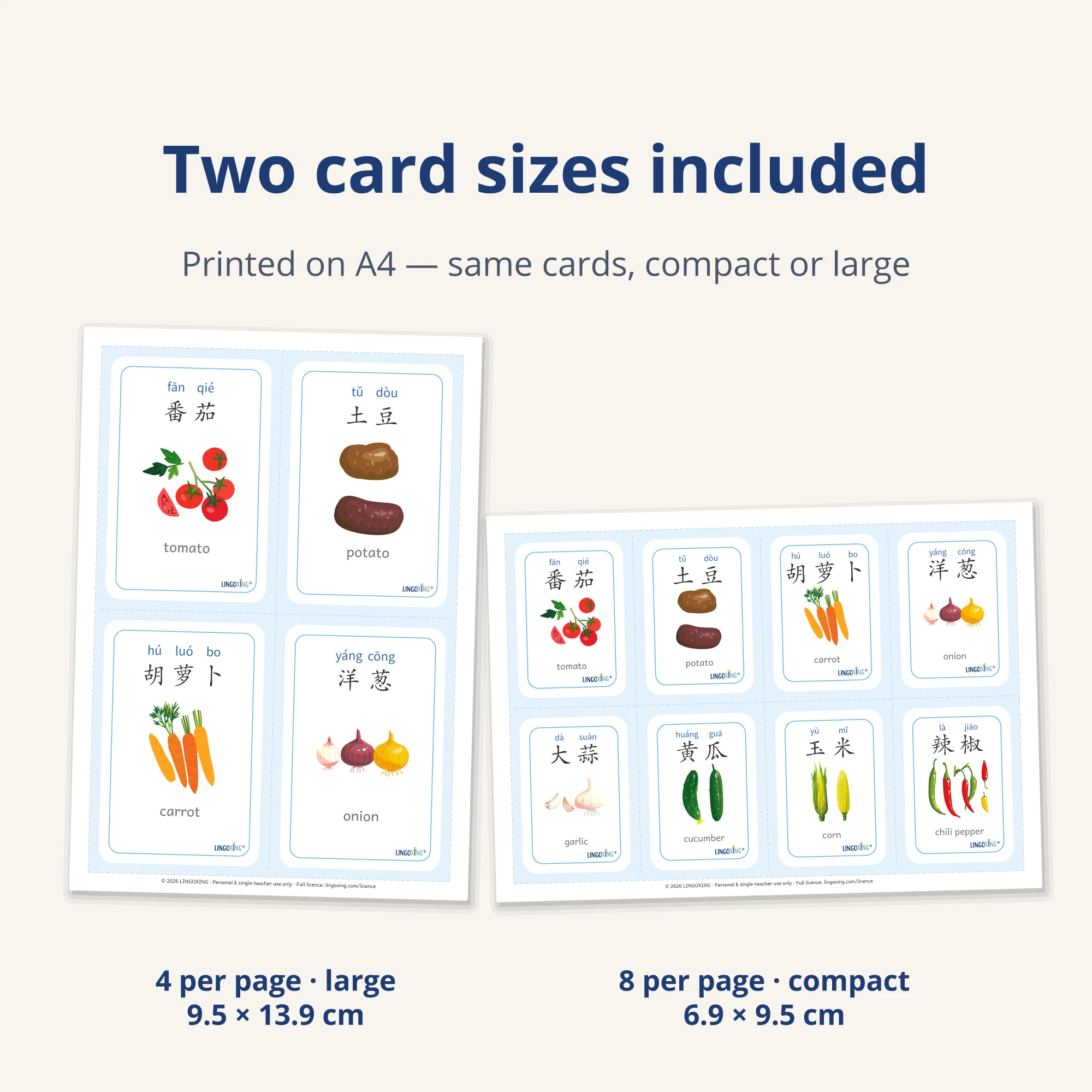 Chinese Vegetable Flashcards — 24 Words (PDF) — two sizes · A4