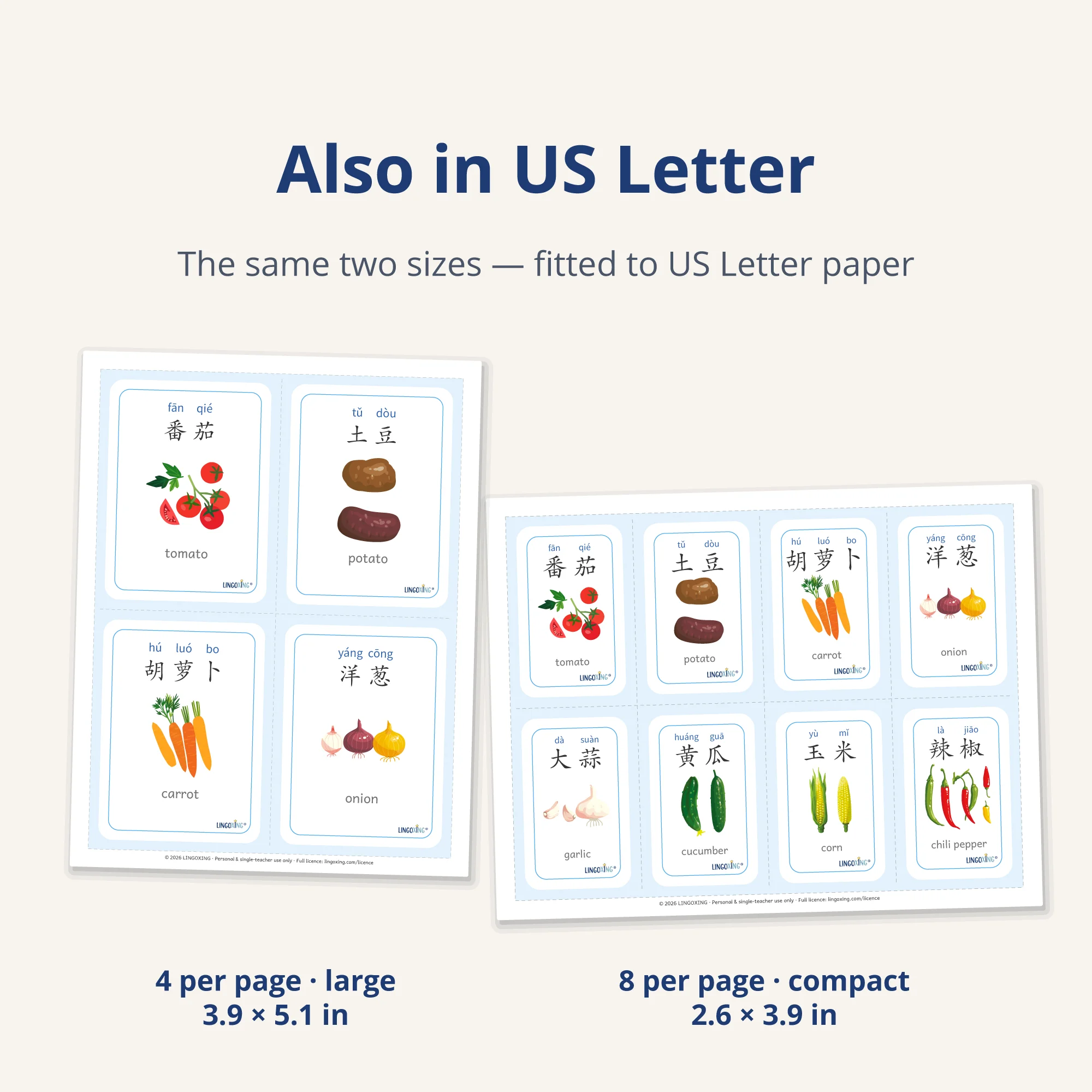 Chinese Vegetable Flashcards — 24 Words (PDF) — two sizes · US Letter